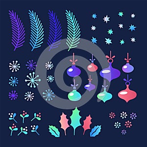Set of Christmas elements for design, fir branches, leaves, snowflakes, balls and berries on dark background. Flat style