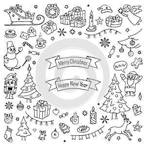 Set of Christmas and Christmas elements in doodle style. Vector illustration