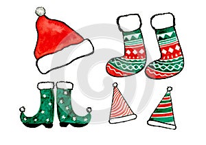 Set of Christmas elements isolated on white background. Santa and elves hat, elf boots and socks for gifts.