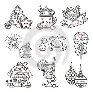 Set of christmas elements in kawaii doodle style vector