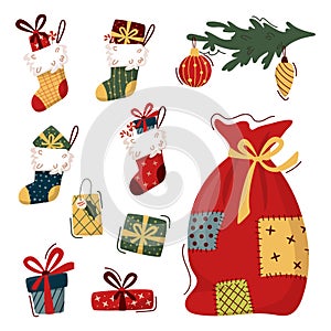 Set of Christmas elements in trendy flat style. Gift boxes, gift socks with presents, santa bag, decorated fir branch,  For banner