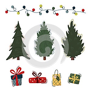 Set of Christmas elements in trendy flat style. Christmas trees,  gift boxes and garland. Vector illustration for banner, poster,