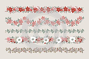 Set of Christmas floral borders, strings, garlands or brushes. Party decoration with fir, oak and eucalyptus tree