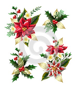 Set of Christmas flowers bouquets with golden elements. Vector.