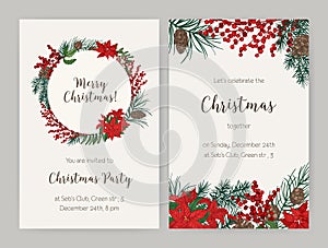 Set of Christmas flyer or party invitation templates decorated with coniferous tree branches and cones, holly leaves and