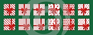 Set of Christmas gifts with decorative pattern and red ribbon.