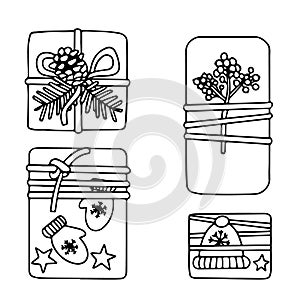 Set of Christmas gifts in Doodle style. Sketch, black outline on a white background. Cute vector illustration for New