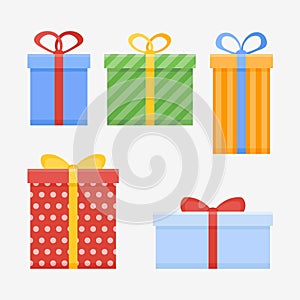 Set of Christmas gifts or present boxes with ribbon.