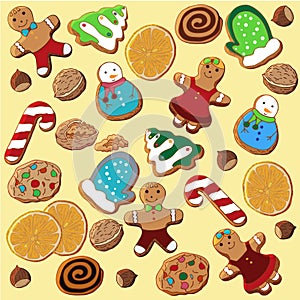 Set of Christmas gingerbread, concocted oranges, nuts.