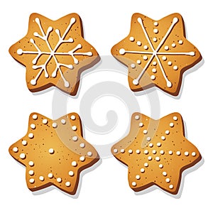 Set of Christmas gingerbread cookies in shape of star isolated on white background.