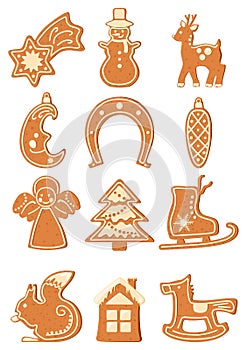 Set of Christmas gingerbread figures with glaze. Vector illustration.