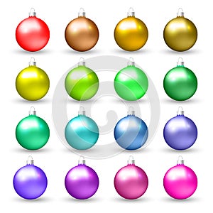 Set of Christmas glossy colorful balls. Xmas glass ball. Decoration for Christmas tree. Isolated on white background