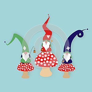 Set of Christmas Gnome on poisonous mushrooms. Scandinavian Nordic Gnome, Cute Christmas Santa Gnome Elf. Vector Illustration