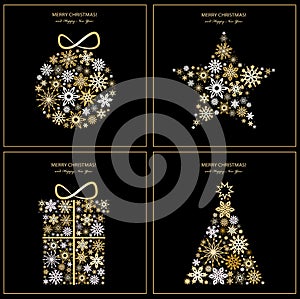 Set of Christmas golden ball, gift,fir tree and star