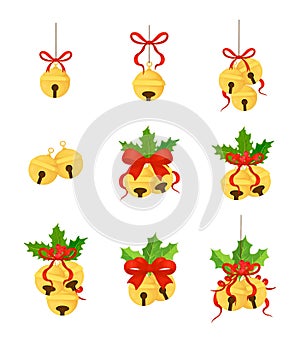 Set of Christmas golden bells with holly berries, holly leaves and a red bow on a white background