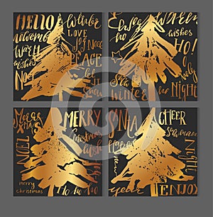 A set of Christmas greeting card templates in black, white and gold. Modern abstract brush strokes and doodles combined