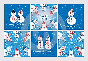 Set of Christmas Greeting Cards with hand drawn cute snowmen.