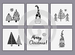 Set of Christmas greeting cards made of hand-drawn doodle elements. Christmas trees, cute gnomes in Scandinavian style. Vector