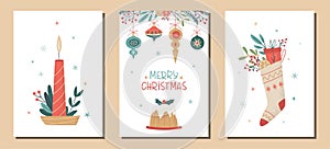 Set of Christmas greeting cards in retro style with candle, sock with gifts, pudding and floral and fir branches
