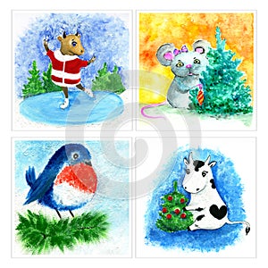 Set of Christmas greeting cards or tags with watercolor illustration and gouache paintings. Winter time holidays illustrations