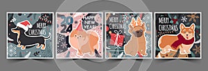 Set of Christmas and Happy New Year cards with cute dogs, text, and winter elements.