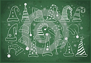 Set of Christmas hats on blackboard background. Vector illustration.