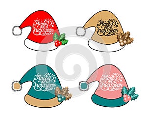 Set of Christmas hats with lettering, different colors red, pink, green and golden, decorated with winter berry