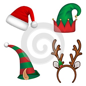 Set of christmas hats. Santa claus hat, elf hats and reindeer horns headband