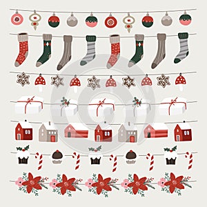 Set of Christmas holiday decorative borders, strings. Party decoration banners. Christmas ornamnets, balls, Santas socks