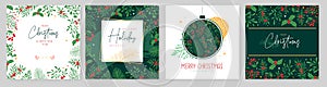 Set of Christmas holiday greeting cards or covers with christmas floral desoration.