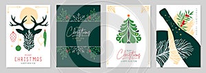 Set of Christmas holiday greeting cards or covers with floral desoration.