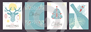 Set of Christmas holiday greeting cards or covers with floral desoration.