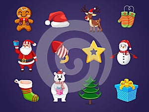 Set of Christmas icons. Celebration event for Merry Christmas and New Year. Vector clipart illustration on color background