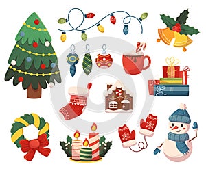 Set of Christmas Icons and Decor. Fir Tree, Garland, Bells and Socks. Gingerbread House, Candles, Snowman and Mittens