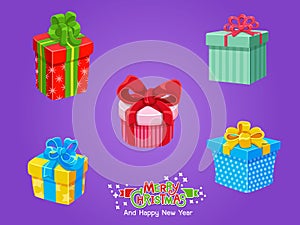 Set of Christmas icons Gifts box. Celebration event for Merry Christmas and New Year. Vector clipart illustration on color