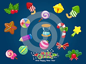 Set of Christmas icons Gifts decorate. Celebration event for Merry Christmas and New Year. Vector clipart illustration on color