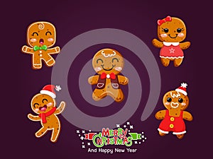 Set of Christmas icons Gingerbread man cookie. Celebration event for Merry Christmas and New Year. Vector clipart illustration on