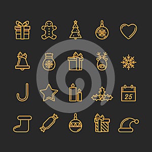 Set of Christmas Icons. Golden and Black Colours. Luxury Trendy Thin Line Design.