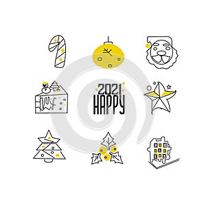 Set of christmas icons in line style, trendy colors, happy newyear