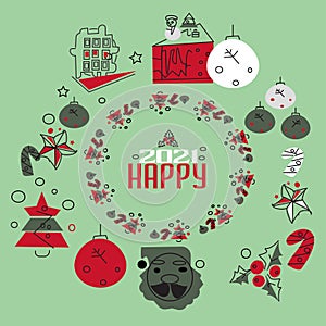 Set of christmas icons in line style, trendy colors, happy newyear