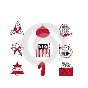 Set of christmas icons in line style, trendy colors, happy newyear