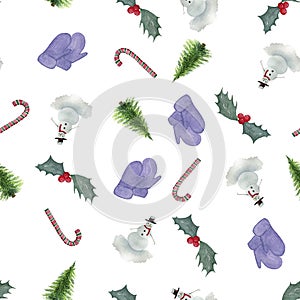 Set of christmas icons: snowman, holly berry, christmas tree, candy cane and holly berry, seamless repeat pattern with christmas w