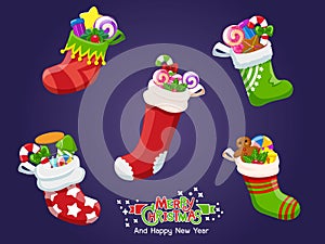 Set of Christmas icons Socks. Celebration event for Merry Christmas and New Year. Vector clipart illustration on color background