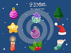 Set of Christmas icons. Symbol of happy new year. Can be used for printed materials - leaflets, posters, business cards or for web