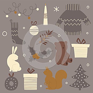 Set of Christmas items. Vector illustration.