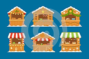 Set of Christmas Kiosk with Bakery, Sweets and Hot Drinks. Market Stalls with Xmas Food. Wooden Winter Decorated Houses