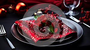 set of Christmas laid table, red napkin and luxurious plates, silver cutlery, Christmas dinner or New Year\'s Eve party