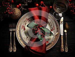set of Christmas laid table, red napkin and luxurious plates, silver cutlery, Christmas dinner or New Year\'s Eve party