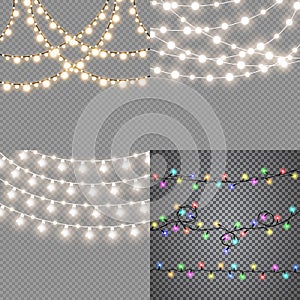 Set of christmas lights isolated realistic design elements.. Glowing lights for Xmas Holiday cards, banners, posters, web design.