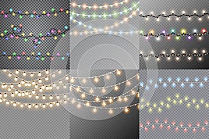 Set of christmas lights isolated realistic design elements.. Glowing lights for Xmas Holiday cards, banners, posters, web design.